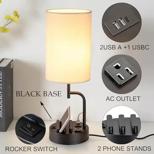 Dreamholder Modern Desk Lamp with 3 USB Ports & AC Outlet | Bedside & Office Lighting (Pack of 2) thumbnail 2