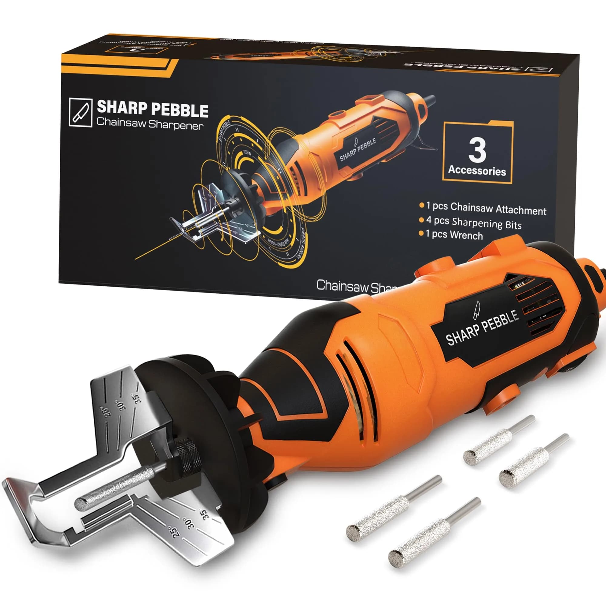 Sharp Pebble Electric Chainsaw Sharpener Kit 120V | 4 File Sizes, Angle Guide, Wrench & eBook — Black/Orange
