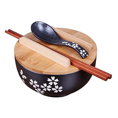 Cereal Bowls Japanese Ramen Noodle Bowl Set with Lid, Spoon & Chopsticks - 1000ml (33.8 Fl Oz) - Black Cherry Pattern thumbnail 1
