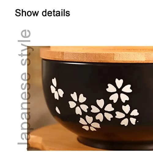 Cereal Bowls Japanese Ramen Noodle Bowl Set with Lid, Spoon & Chopsticks - 1000ml (33.8 Fl Oz) - Black Cherry Pattern thumbnail 4