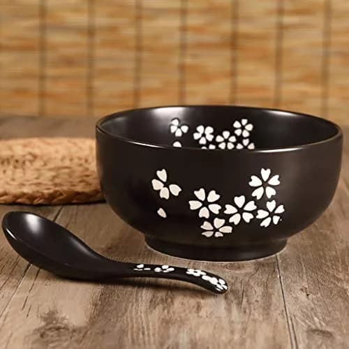 Cereal Bowls Japanese Ramen Noodle Bowl Set with Lid, Spoon & Chopsticks - 1000ml (33.8 Fl Oz) - Black Cherry Pattern thumbnail 2