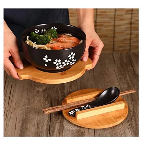 Cereal Bowls Japanese Ramen Noodle Bowl Set with Lid, Spoon & Chopsticks - 1000ml (33.8 Fl Oz) - Black Cherry Pattern thumbnail 3