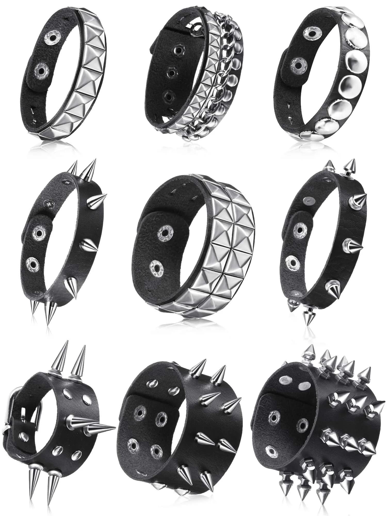 Hicarer 9 Pcs Punk Leather Bracelets Set | Spiked Studded Cuff Bangles for Men & Women - main product image