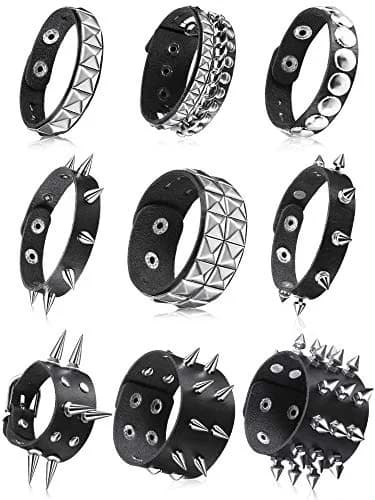 Hicarer 9 Pcs Punk Leather Bracelets Set | Spiked Studded Cuff Bangles for Men & Women thumbnail 1
