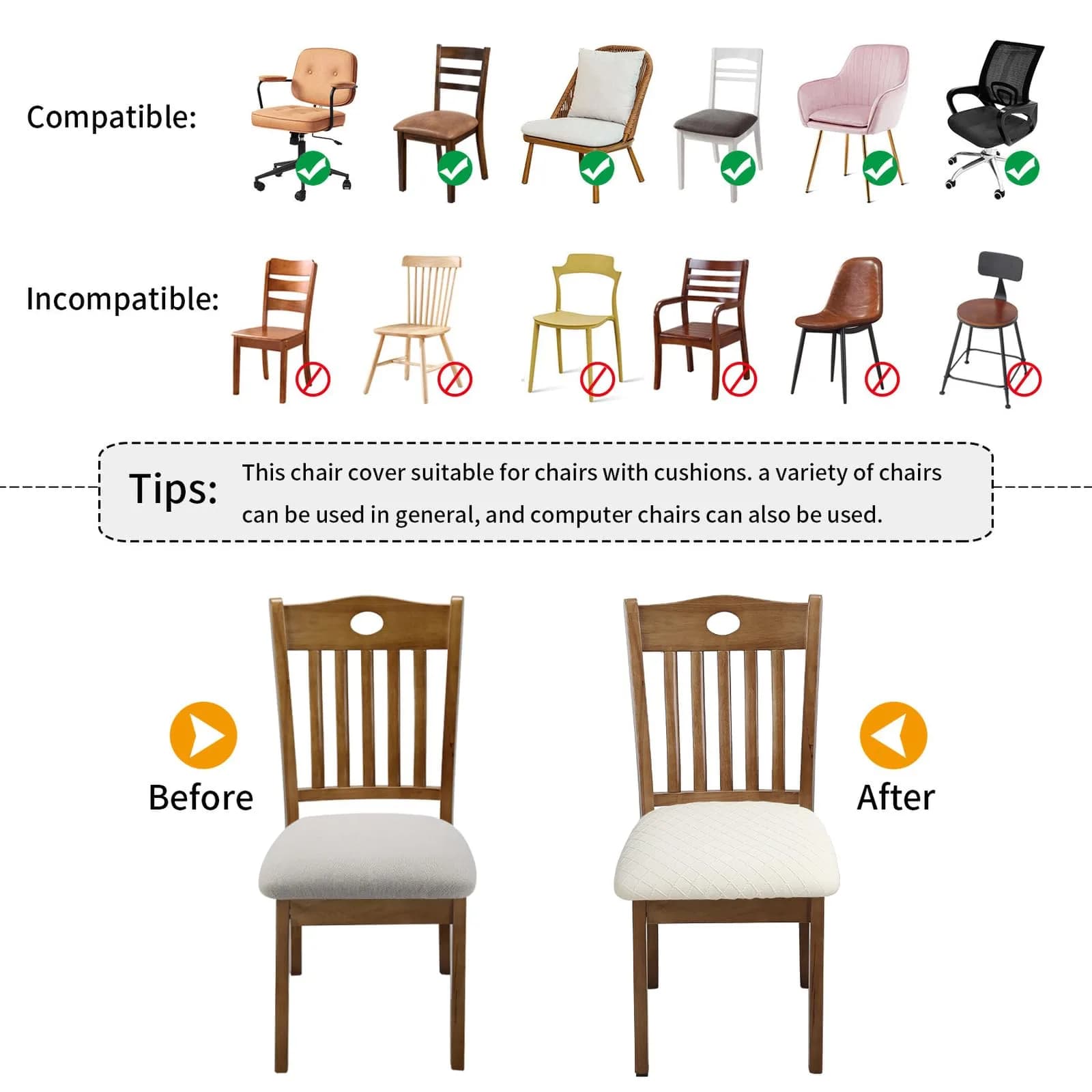 Fuloon Beige Jacquard Dining Chair Seat Covers (2 Pack, 34-46cm Seat Width) | Stretch Fit & Washable - view 6