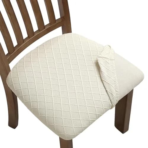 Fuloon Beige Jacquard Dining Chair Seat Covers (2 Pack, 34-46cm Seat Width) | Stretch Fit & Washable thumbnail 1
