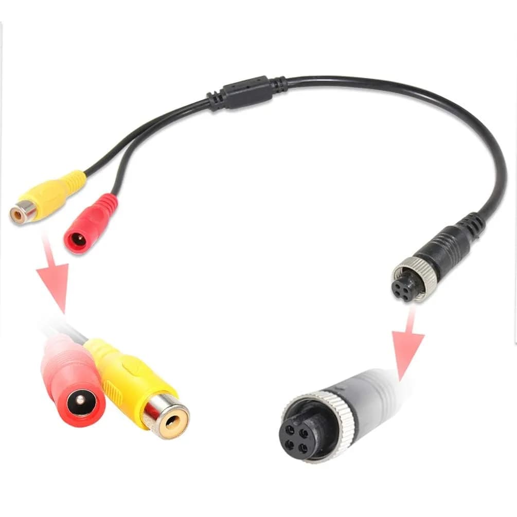 EWAY M12 4-Pin to RCA Video AV DC Female Connector Wire 38cm (14.9 inch) | Car Backup Camera Adapter Cable — Black