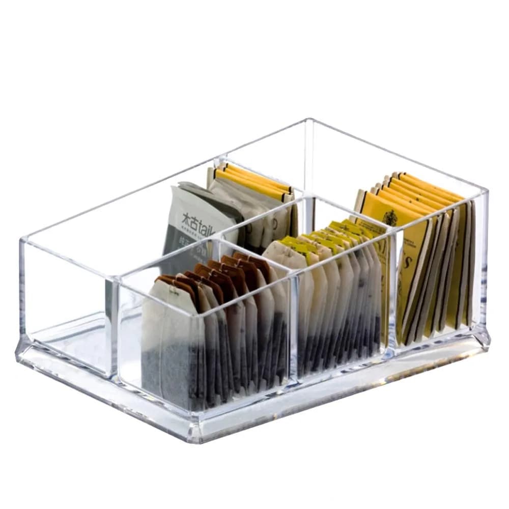 Yakri Acrylic Tea Bags Caddy Organizer, 4 Compartments | Elegant Acrylic Storage for Tea & Coffee (19.5x14.4x8.5cm)