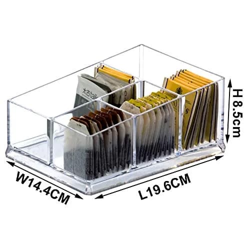 Yakri Acrylic Tea Bags Caddy Organizer, 4 Compartments | Elegant Acrylic Storage for Tea & Coffee (19.5x14.4x8.5cm) thumbnail 2