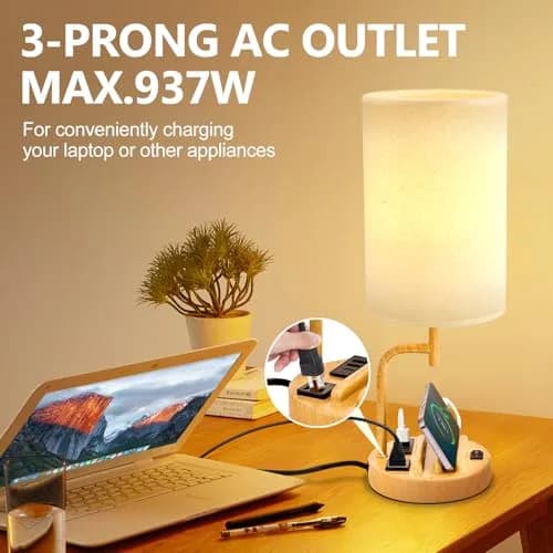 Dreamholder Table Lamp with 3 USB Ports & AC Outlet | Modern Nightstand Lamp for Bedroom & Office thumbnail 5