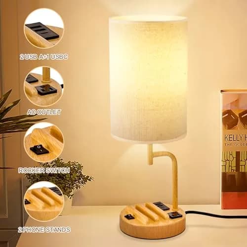 Dreamholder Table Lamp with 3 USB Ports & AC Outlet | Modern Nightstand Lamp for Bedroom & Office thumbnail 3