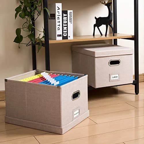 PRANDOM File Organizer Box with Lid, Collapsible Decorative Linen Filing Storage for Letter/Legal Size, 17x14x11.2 inch Light Grey | Organizes Documents for Office & Home thumbnail 3
