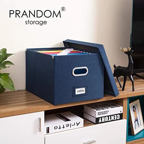 PRANDOM Decorative Linen File Organizer Box with Lid, 39L (17x14x11.2 inch) | Collapsible & Stackable for Letter/Legal Size Files thumbnail 2
