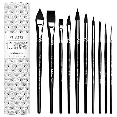 ARTEGRIA Watercolor Brush Set, 10 Soft Synthetic Squirrel Brushes with Dagger, Oval Wash, Flats & Rounds | Professional Grade, Pointed Rounds, Flats, Dagger and Oval Wash (Cat's Tongue) thumbnail 1