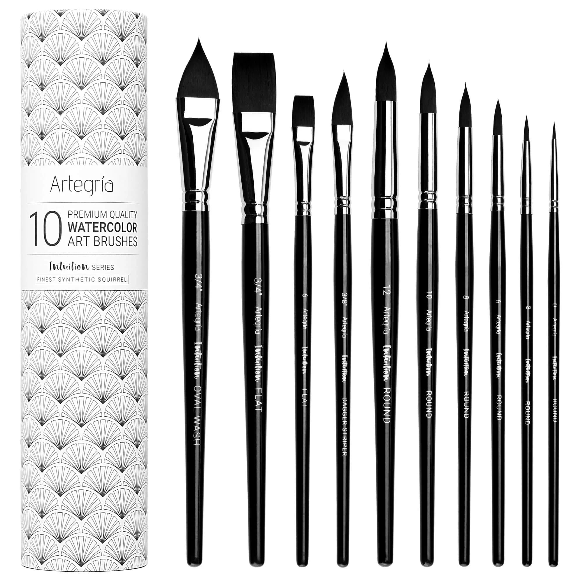 ARTEGRIA Watercolor Brush Set, 10 Soft Synthetic Squirrel Brushes with Dagger, Oval Wash, Flats & Rounds | Professional Grade, Pointed Rounds, Flats, Dagger and Oval Wash (Cat's Tongue)