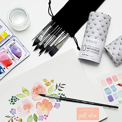 ARTEGRIA Watercolor Brush Set, 10 Soft Synthetic Squirrel Brushes with Dagger, Oval Wash, Flats & Rounds | Professional Grade, Pointed Rounds, Flats, Dagger and Oval Wash (Cat's Tongue) thumbnail 2