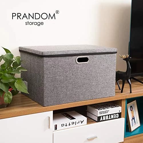 PRANDOM Extra Large Collapsible Storage Bins with Lids 22.8x15.75x13.8 | Linen Fabric Foldable Organizer (70-120c) thumbnail 3