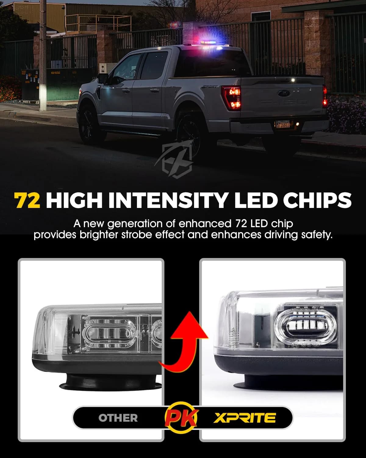Xprite 12" 72-LED Rooftop Strobe Light Bar with Magnetic Base | 12V-24V Construction Vehicle Warning Beacon - view 4