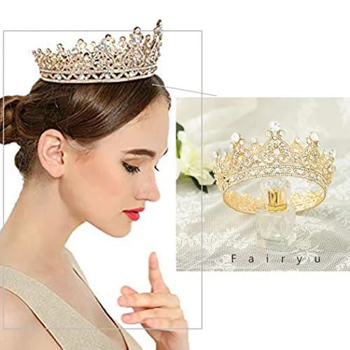 Foyte Gold Bridal Crown | Elegant Wedding Tiara with Rhinestones & Pearl (5.11 in) thumbnail 4