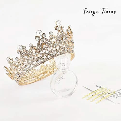 Foyte Gold Bridal Crown | Elegant Wedding Tiara with Rhinestones & Pearl (5.11 in) thumbnail 2