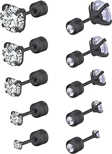 Comelyjewel Black Stainless Steel Stud Earrings Set with Cubic Zirconia | Hypoallergenic 6mm thumbnail 1