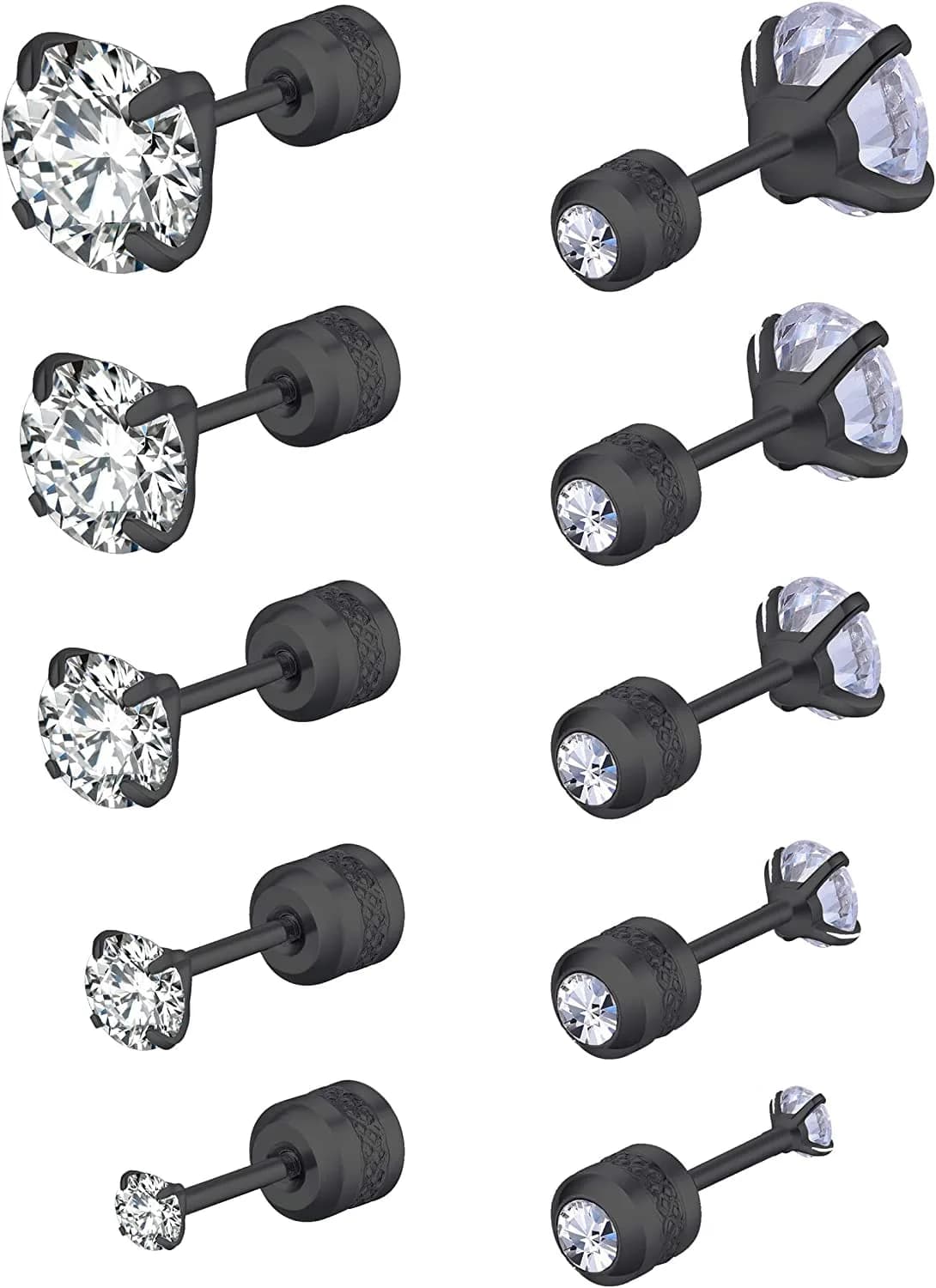 Comelyjewel Black Stainless Steel Stud Earrings Set with Cubic Zirconia | Hypoallergenic 6mm