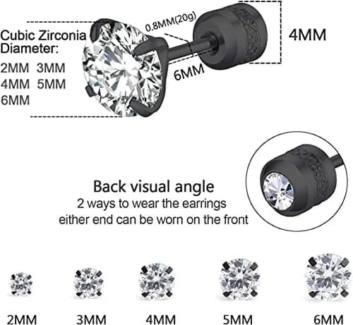 Comelyjewel Black Stainless Steel Stud Earrings Set with Cubic Zirconia | Hypoallergenic 6mm thumbnail 3