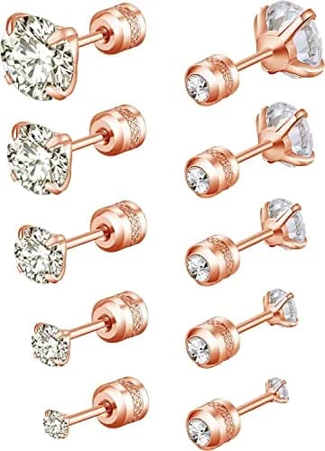 Comelyjewel Rose Gold Plated Stainless Steel Stud Earrings Set | 5 Pairs Hypoallergenic Cubic Zirconia 2-6mm thumbnail 1