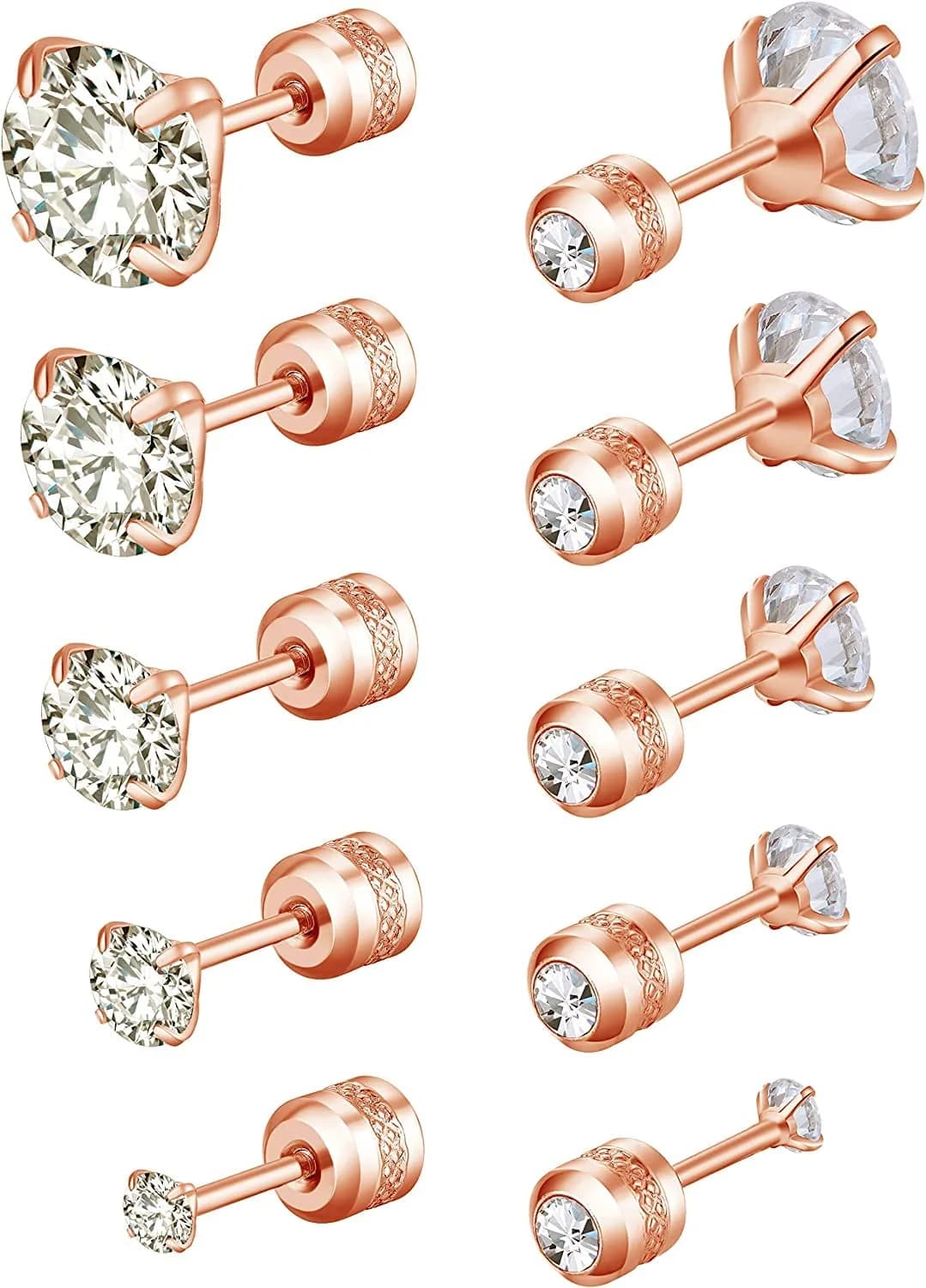 Comelyjewel Rose Gold Plated Stainless Steel Stud Earrings Set | 5 Pairs Hypoallergenic Cubic Zirconia 2-6mm