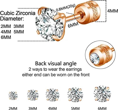 Comelyjewel Rose Gold Plated Stainless Steel Stud Earrings Set | 5 Pairs Hypoallergenic Cubic Zirconia 2-6mm thumbnail 3