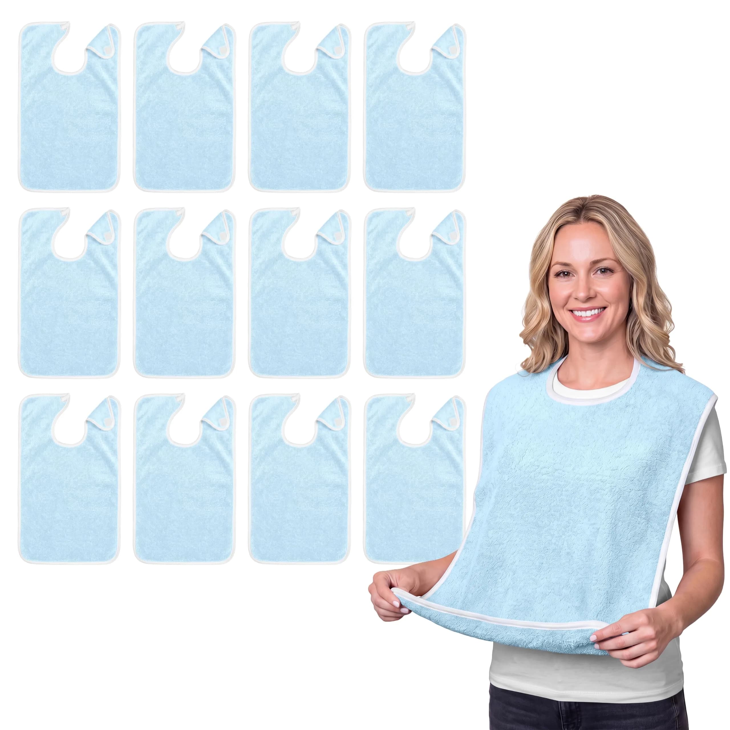 Avalon Towels Adult Terry Cloth Bibs for Eating, 18" x 30" (12-Pack, Blue) | Full Coverage Clothing Protectors - main product image