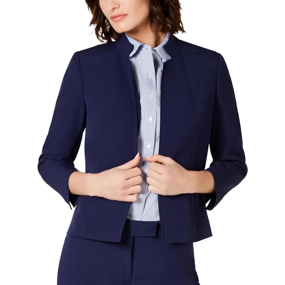 Anne Klein Madison Crepe Cropped Stand Collar Jacket Distant Mountain | Fully Lined, Fall Style, Tailored Fit, 4 — 16