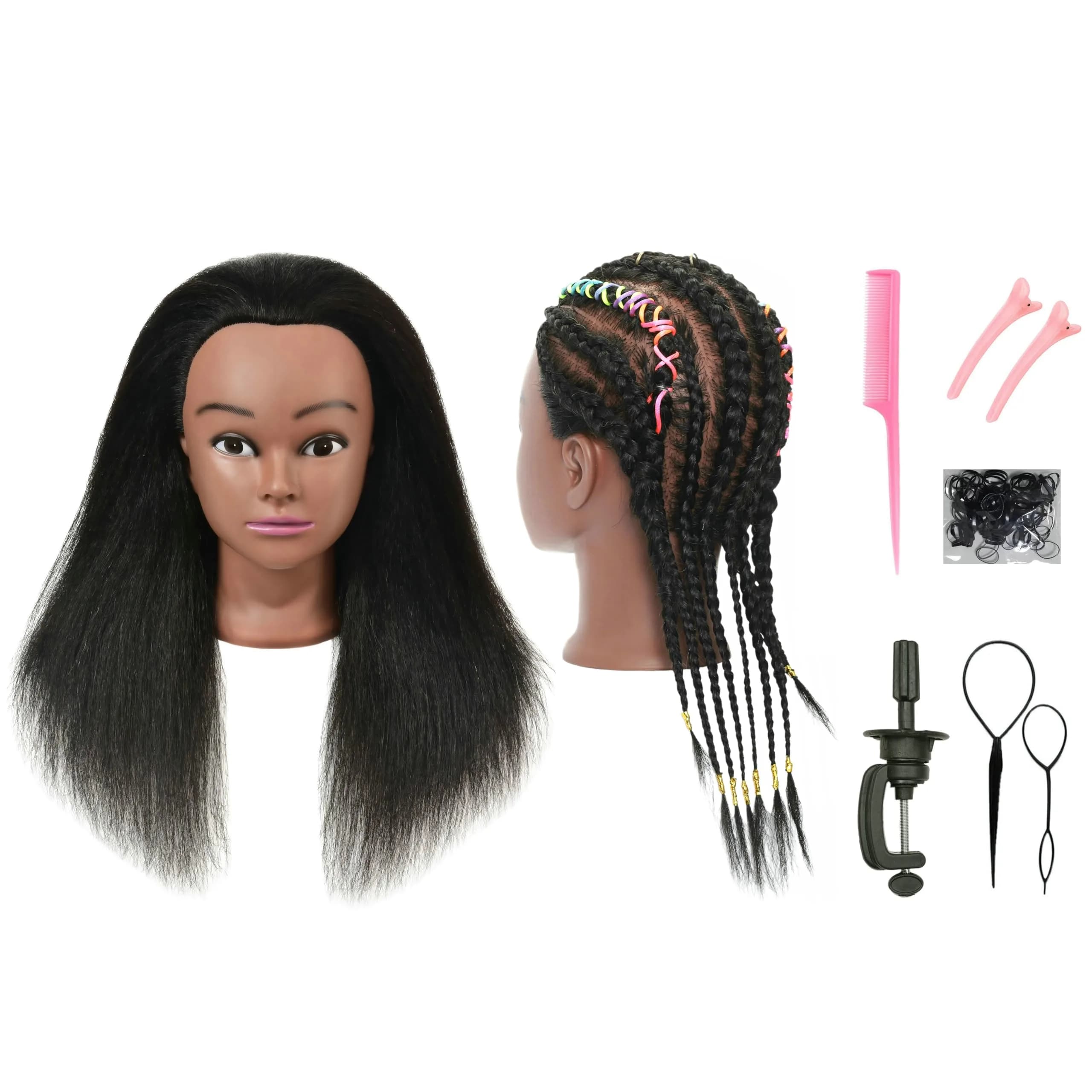RYHAIR Mannequin Head with Human Hair for Hairdresser Training Braiding Styling Manikin Cosmetology Makeup Manican Doll Display Practice with Stand | 22 Inch Long Black Straight Hair — Straight Black Hair