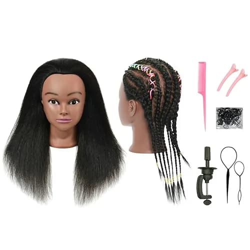RYHAIR Mannequin Head with Human Hair for Hairdresser Training Braiding Styling Manikin Cosmetology Makeup Manican Doll Display Practice with Stand | 22 Inch Long Black Straight Hair thumbnail 1