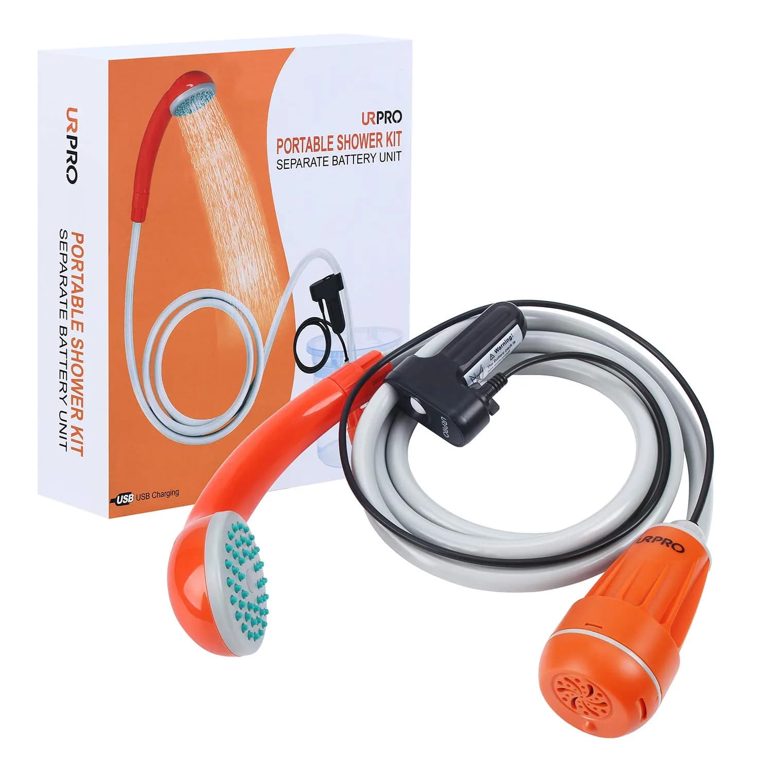 URPRO Portable Camping Shower, Outdoor Shower Head, Pump, USB Rechargeable, Water from Bucket, Hiking & Pet Cleaning | 45-60min Use