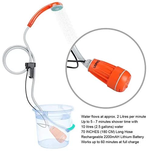 URPRO Portable Camping Shower, Outdoor Shower Head, Pump, USB Rechargeable, Water from Bucket, Hiking & Pet Cleaning | 45-60min Use thumbnail 2