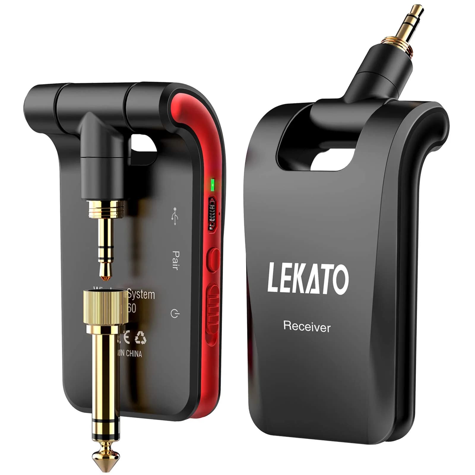 LEKATO WS-60 Wireless Guitar System 2.4GHz Rechargeable Transmitter Receiver | 6 Channels Stereo Mono 1/4” & 1/8” Plugs — black
