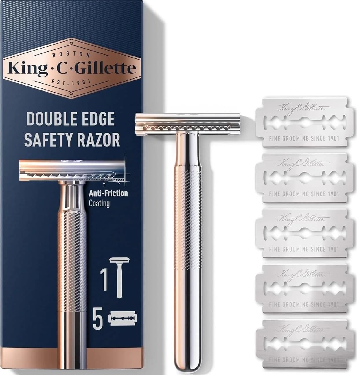 King C. Gillette Safety Razor with Chrome Plated Handle & 5 Platinum Blades | Classic Precision Shave — Gold