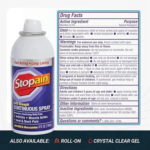 Stopain Pain Relief Spray 4oz (2 Pack) USA Made, Max Strength, Fast Acting with MSM, Glucosamine, Menthol for Arthritis, Lower Back, Neck thumbnail 7