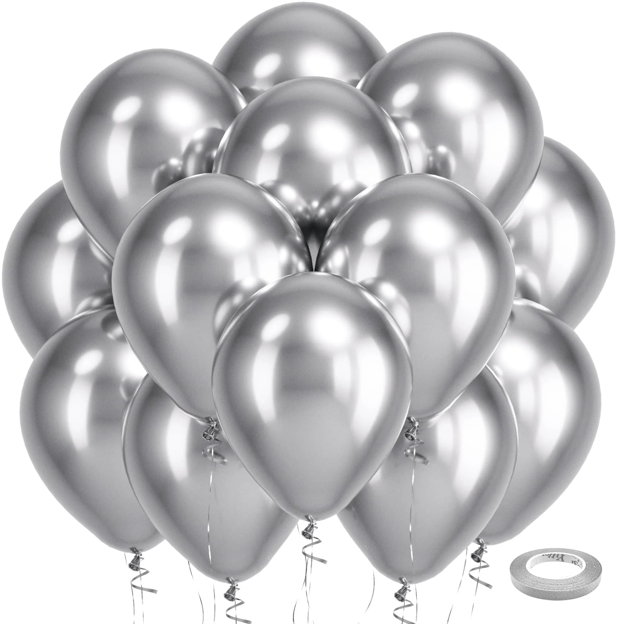 Bezente Silver Metallic Chrome Latex Round Helium Balloons 100 Pack 12 inch | Premium Quality Party Balloons - main product image