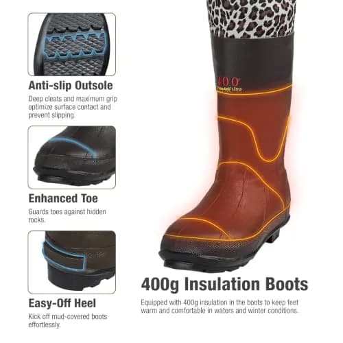 HISEA Neoprene Chest Waders Leopard Print Duck Hunting Waders for Women with Boots Waterproof Insulated 10 | Waterproof Fishing Waders thumbnail 4