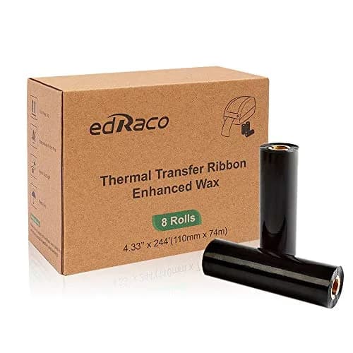 Edraco Enhanced Wax Thermal Transfer Ribbons 4.33" x 244' (110mm x 74m) - 8 Rolls | Bulk Pack for Zebra Desktop Printers thumbnail 1