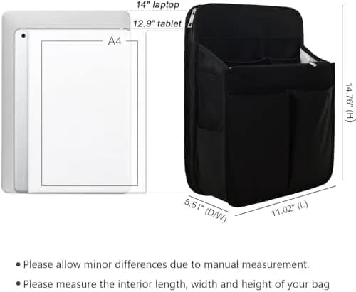 Yoillione Nylon Backpack Organizer Insert for Men and Women, Large Bag Organizer with Zipper Pockets, 27.5cm x 13cm x 36.5cm thumbnail 3