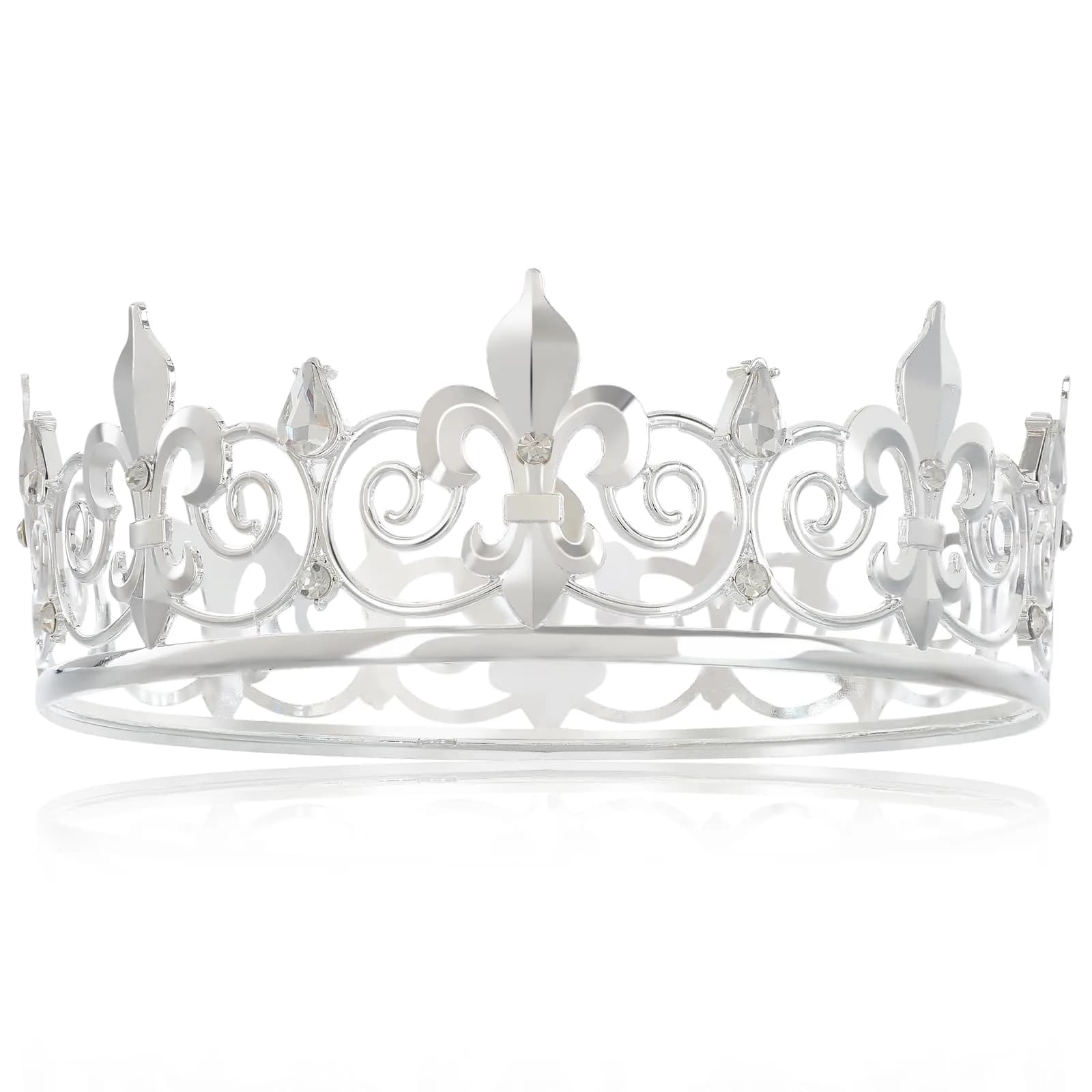 FORSEVEN Full Round King Crown- Metal Rhinestone Crowns for Men | Elegant Baroque Design with Crystal & Alloy (16 x 16 x 5 cm) — Silver White