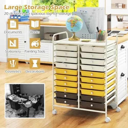 HAPPYGRILL 20-Drawer Organizer Cart Tools | Mobile Utility Storage with Lockable Wheels (25" W x 15" D x 35" H) thumbnail 4