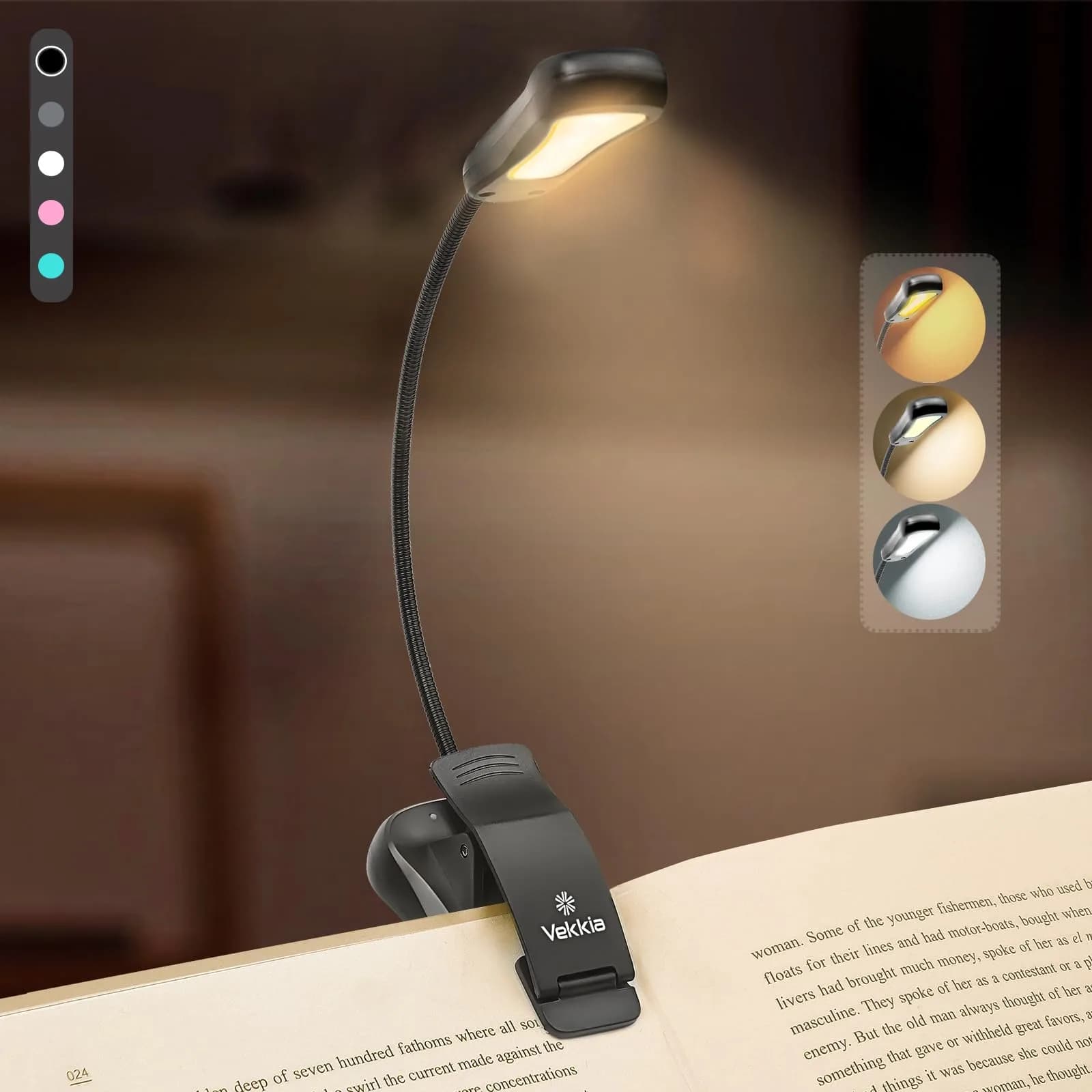 Vekkia Rechargeable Book Light Blue 10.5cm (4.1in) | 3 Color x 3 Brightness, 70 Hours Lighting — Blacka1