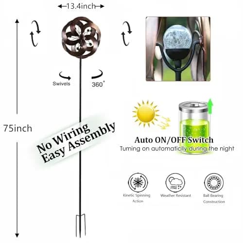 HDNICEZM Solar Wind Spinner 75in | Multi-Color LED & Kinetic Metal Sculpture for Yard & Garden thumbnail 2