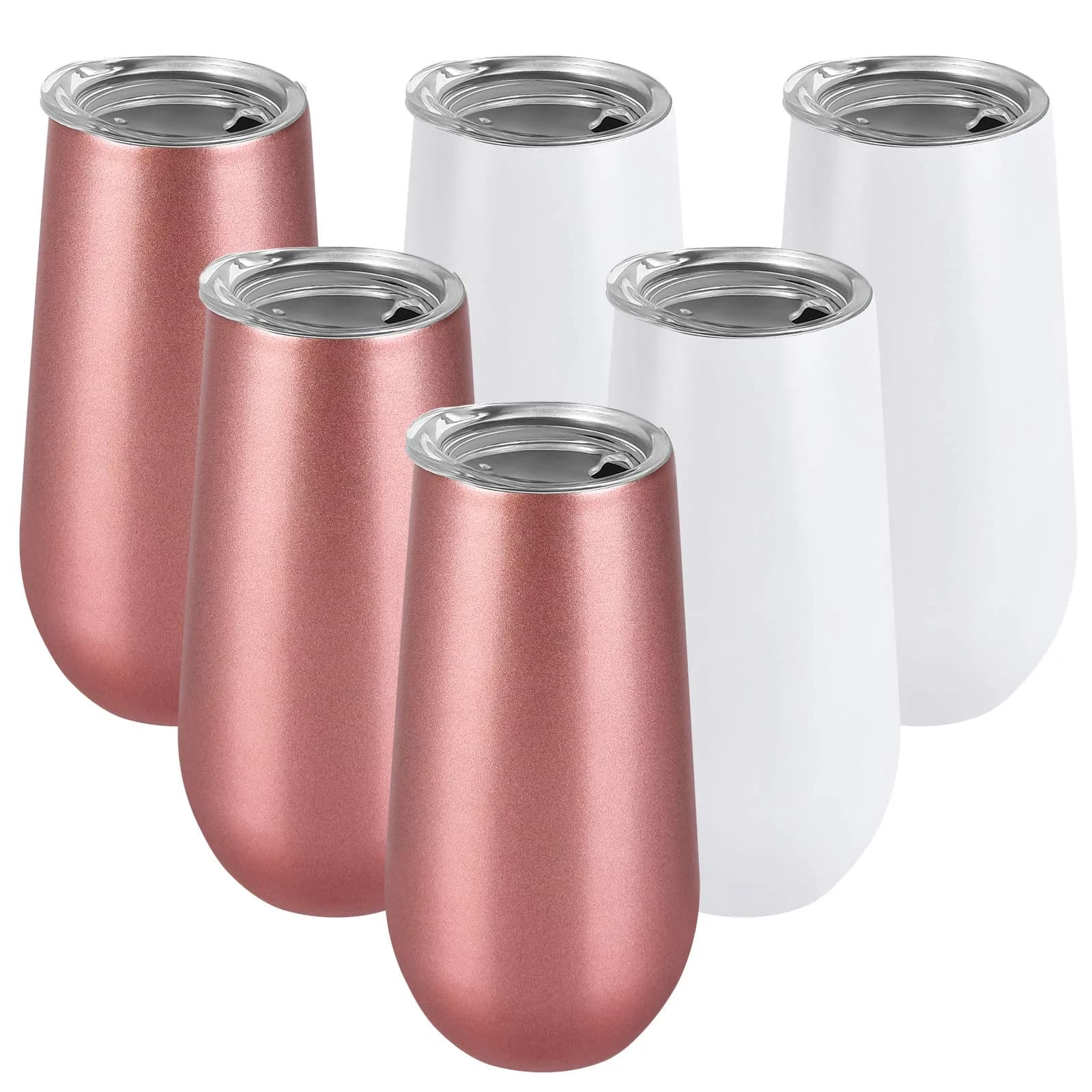 Lifecapido 6 Pack Stemless Insulated Champagne Flute Tumblers 6 Oz | Reusable, Unbreakable, Gift-Ready — 3 White and Rose Gold
