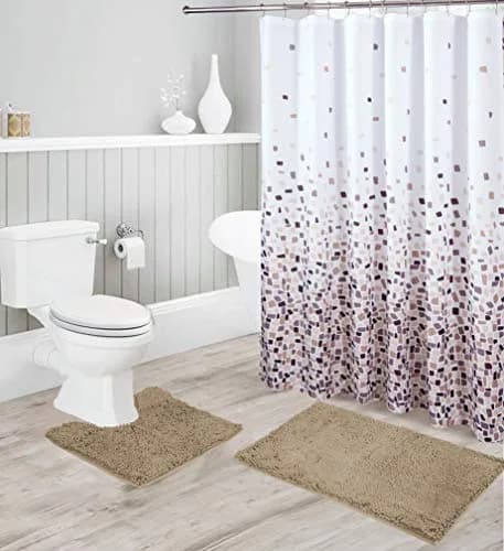 Linen Plus Chenille Soft Rug Anti-Slip Bath Set Taupe | Microfiber Bathroom Accessory (70-120 chars) thumbnail 1