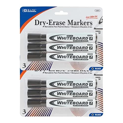 BAZIC PRODUCTS Black Chisel Tip Dry Erase Markers, 6 Count (2 x 3-Pack) | Low-Odor Ink for Whiteboards & Glass thumbnail 1